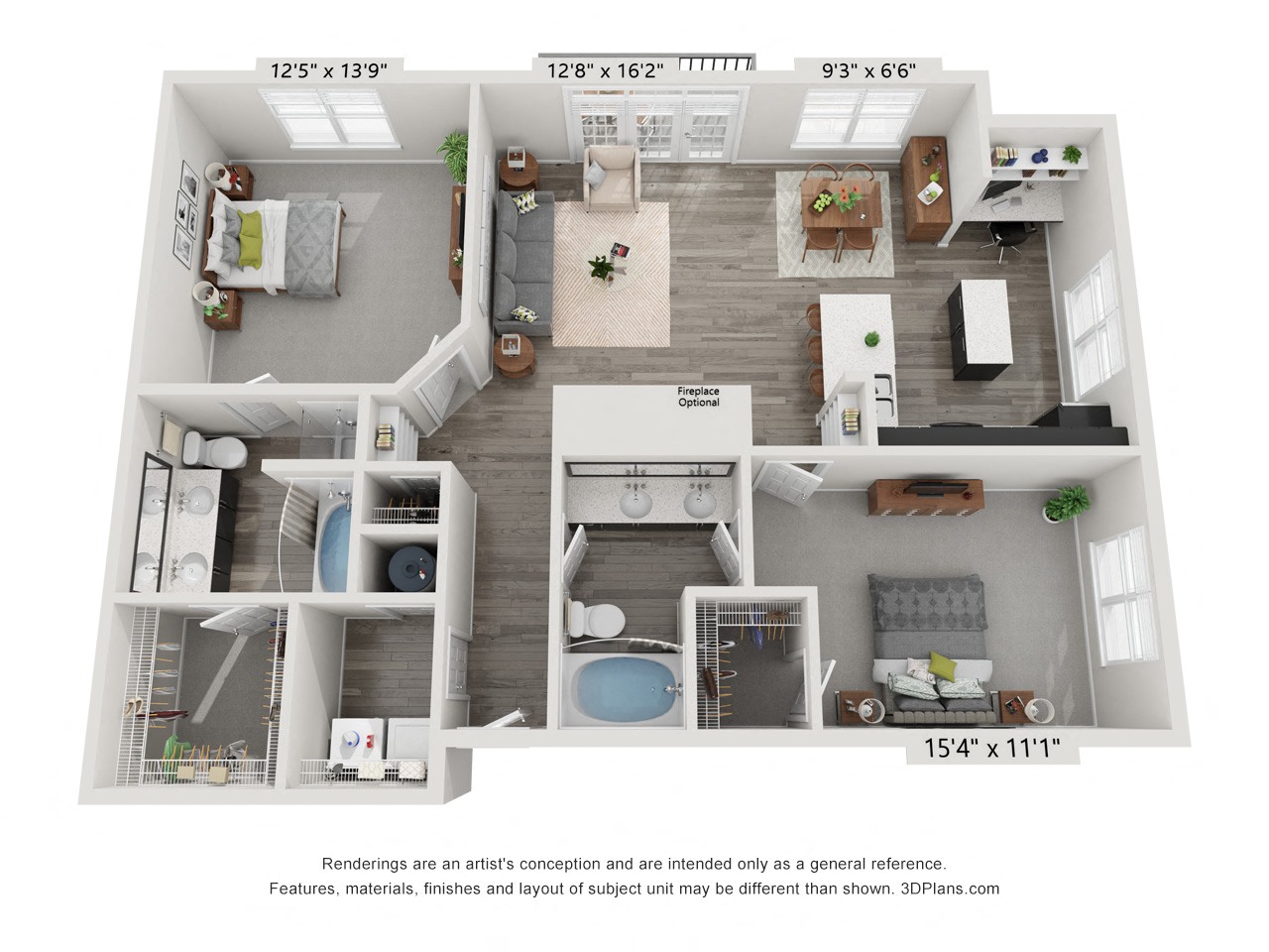 Floor plan for 2 beds, 2 baths, 1208 sqft